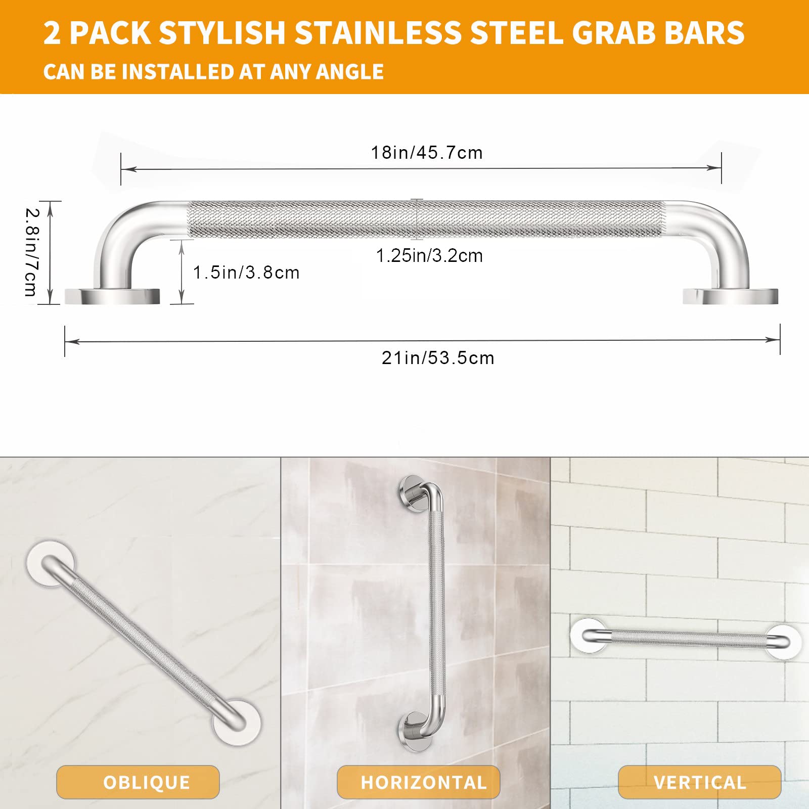 2 Pack Shower Grab Bar with Knurled Anti-Slip Grip 18 Inch ADA Compliant 500lbs Supporting with Concealed Screws 304 Stainless Steel Brushed Nickel Handicap Bars for Bathroom