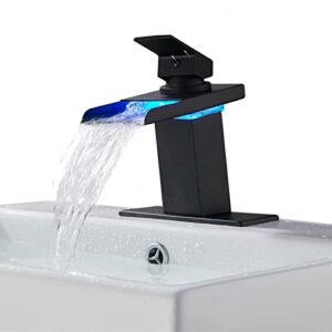 LOOPAN LED Light Bathroom Faucet Waterfall One Hole Single Handle Black Faucet for Bathroom Sink Mount Vanity Faucet Lead-Free with Hoses for Commercial Residential