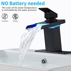 LOOPAN LED Light Bathroom Faucet Waterfall One Hole Single Handle Black Faucet for Bathroom Sink Mount Vanity Faucet Lead-Free with Hoses for Commercial Residential