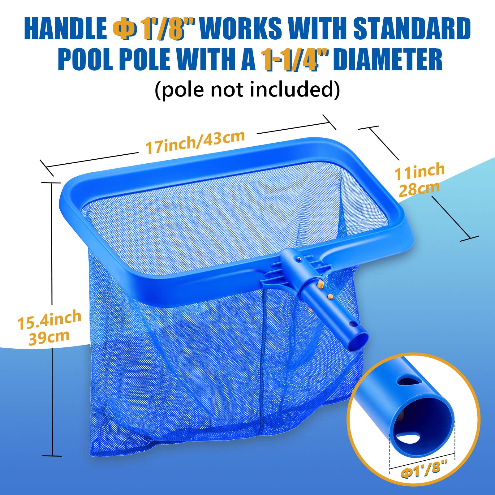 SORSWEET Pool Rake, Heavy Duty 17" Leaf Skimmer Net, Including EZ-Clip, Deep Bag Catcher, Pool Net for Cleaning Pool, Fits Standard 1-1/4" Pole, Pole Not Included