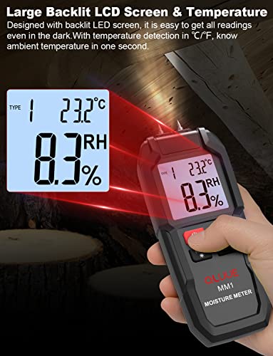 QLUUE Digital Moisture Meter, Moisture Tester with Replaceable pin, Temperature Measurement, Backlit LCD Display Moisture Detector for Wood, Building, Floor