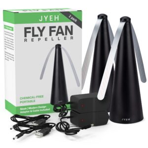 jyeh fly fan repeller for tables | indoor & outdoor | keeps flies away from food | fly repellent | for outdoor meals & seating | portable electricity enabled fan | black | 2 pack |