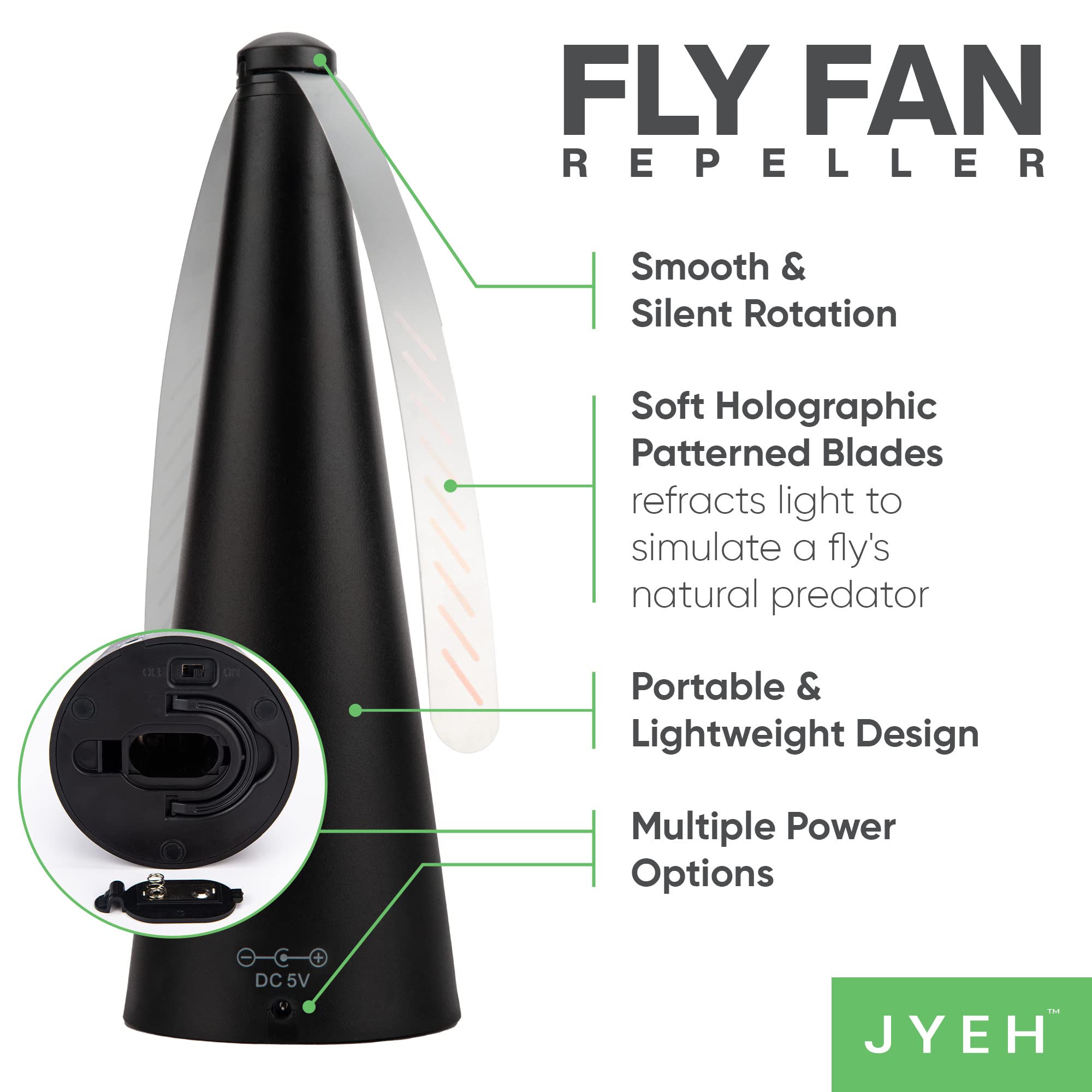 JYEH Fly Fan Repeller for Tables | Indoor & Outdoor | Keeps Flies Away from Food | Fly Repellent | for Outdoor Meals & Seating | Portable Electricity Enabled Fan | Black | 2 Pack |