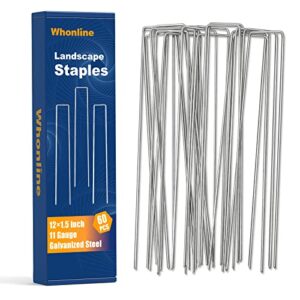 whonline 60pcs 12 inch ground stakes, 11 gauge landscape staples heavy duty garden stakes for securing lawn fabric, tent, weed barrier, irrigation tubing