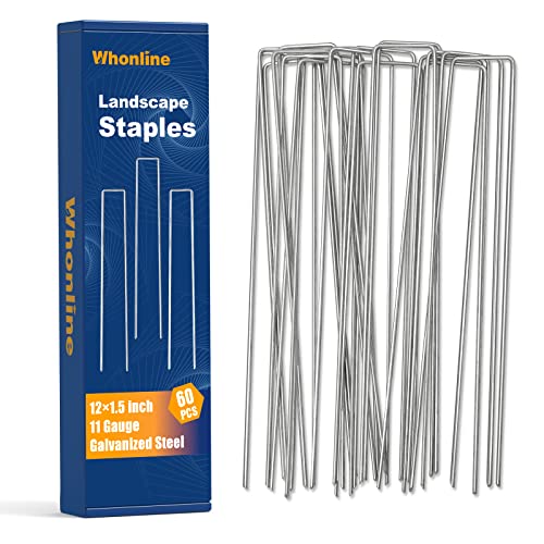 Whonline 60pcs 12 Inch Ground Stakes, 11 Gauge Landscape Staples Heavy Duty Garden Stakes for Securing Lawn Fabric, Tent, Weed Barrier, Irrigation Tubing