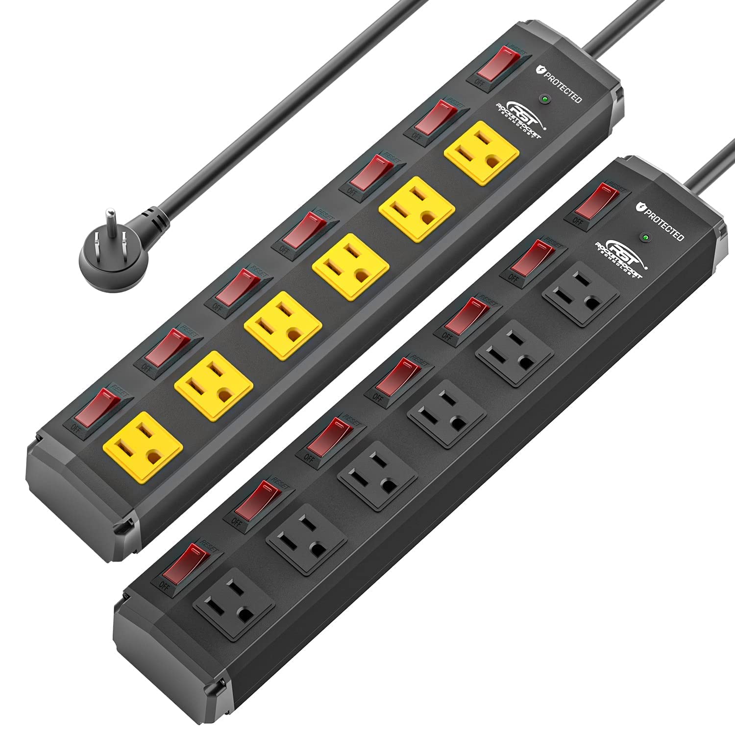 Power Strip with Individual Switches and Flat Plug, CRST 6-Outlet Metal Heavy Duty Surge Protector (1200 Joules), 6-Feet 14AWG Cord with Hook and Loop Fastener, 15A Circuit Breaker