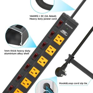 Power Strip with Individual Switches and Flat Plug, CRST 6-Outlet Metal Heavy Duty Surge Protector (1200 Joules), 6-Feet 14AWG Cord with Hook and Loop Fastener, 15A Circuit Breaker