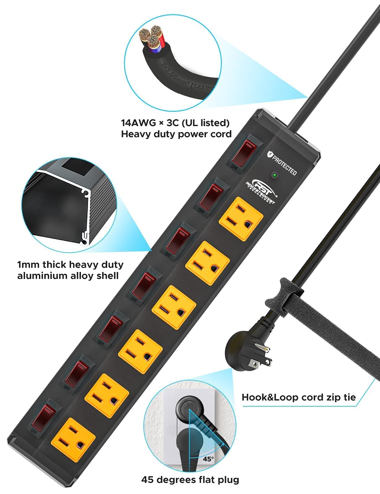 Power Strip with Individual Switches and Flat Plug, CRST 6-Outlet Metal Heavy Duty Surge Protector (1200 Joules), 6-Feet 14AWG Cord with Hook and Loop Fastener, 15A Circuit Breaker