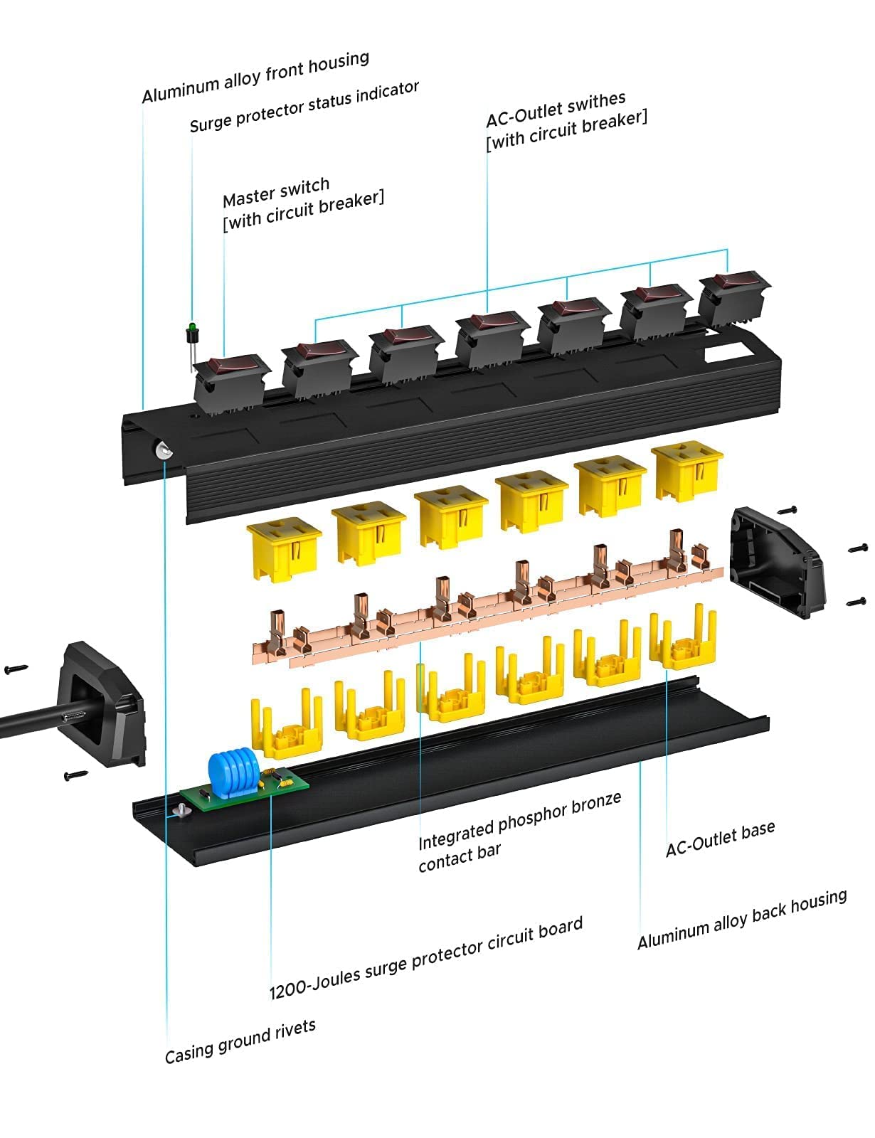 Power Strip with Individual Switches and Flat Plug, CRST 6-Outlet Metal Heavy Duty Surge Protector (1200 Joules), 6-Feet 14AWG Cord with Hook and Loop Fastener, 15A Circuit Breaker