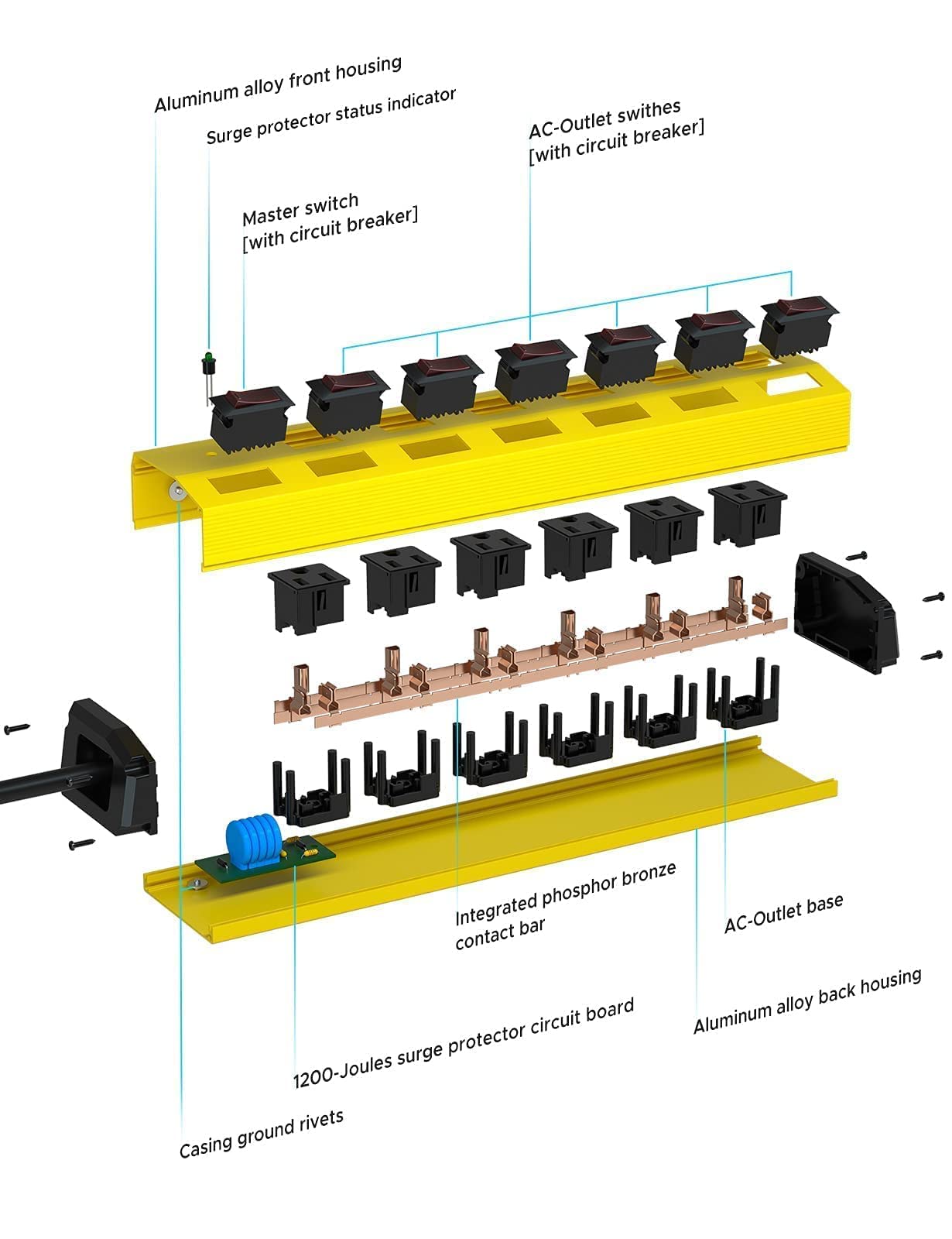 Power Strip with Individual Switches and Flat Plug, CRST 6-Outlet Metal Heavy Power Strip Duty Surge Protector (1200 Joules), 6-Feet 14AWG Cord with Hook and Loop Fastener, 15A Circuit Breaker