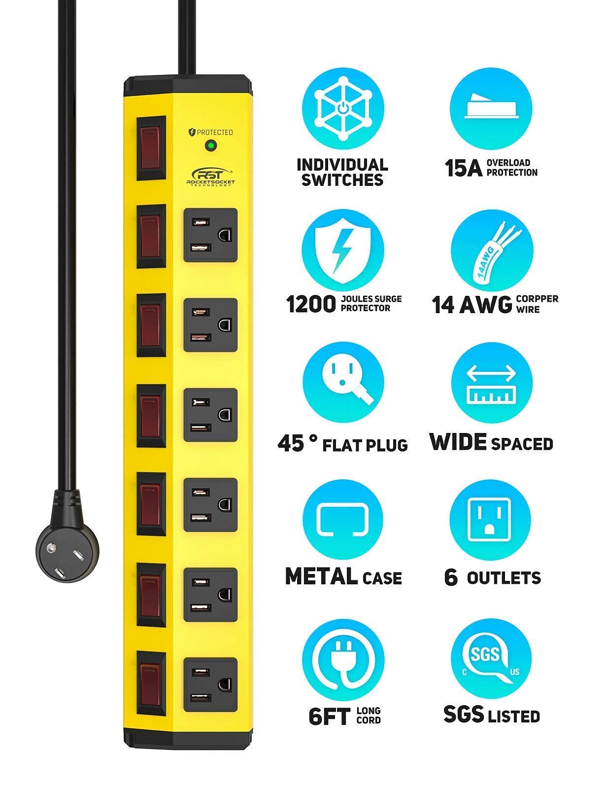 Power Strip with Individual Switches and Flat Plug, CRST 6-Outlet Metal Heavy Power Strip Duty Surge Protector (1200 Joules), 6-Feet 14AWG Cord with Hook and Loop Fastener, 15A Circuit Breaker