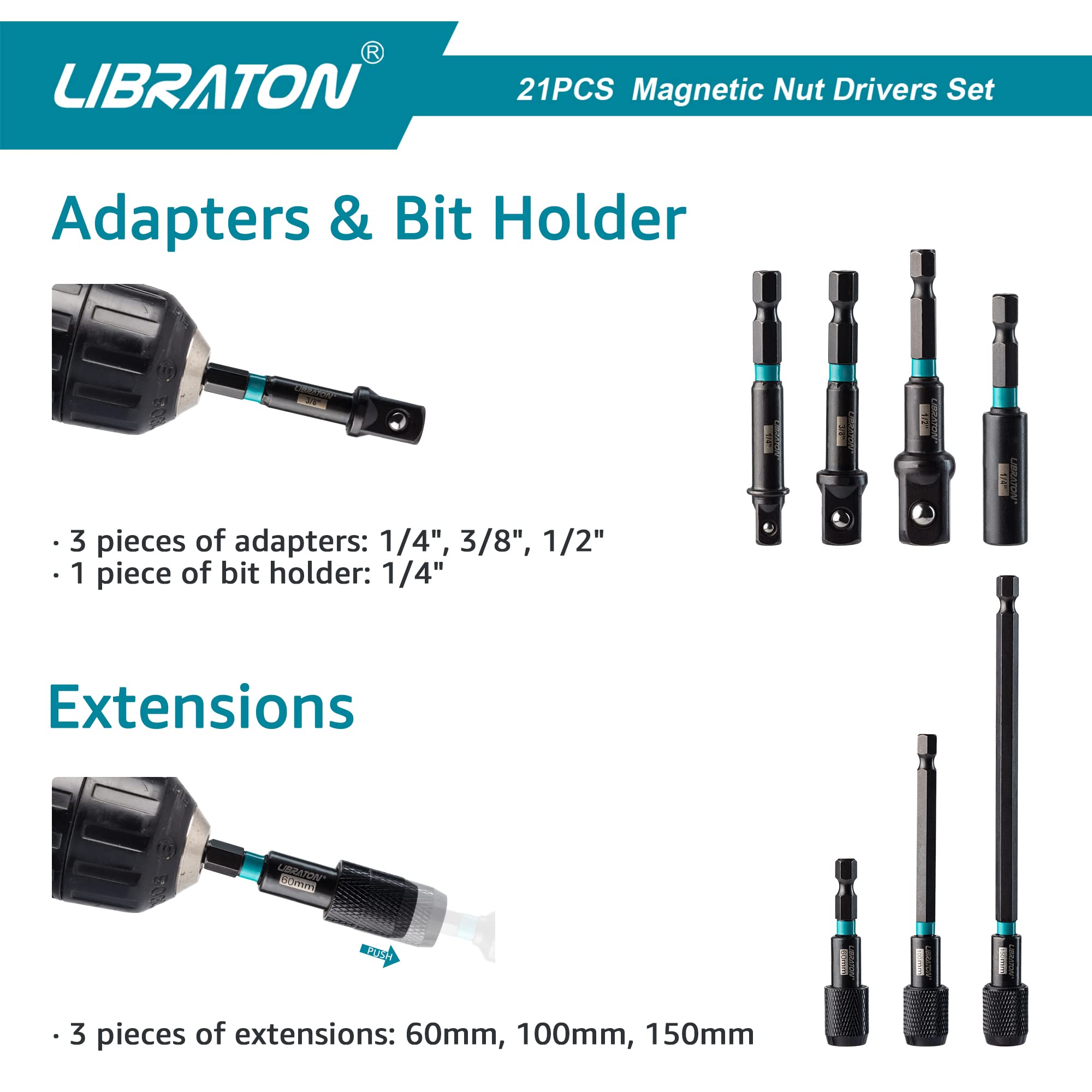 Libraton 21PCS Magnetic Nut Driver Set, Impact Drill Driver Bit Set 1/4", Metric and SAE Nut Driver, Impact Socket Adapters, Bit Holder, Quick-Release Extensions with Storage Bag