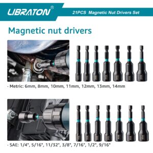 Libraton 21PCS Magnetic Nut Driver Set, Impact Drill Driver Bit Set 1/4", Metric and SAE Nut Driver, Impact Socket Adapters, Bit Holder, Quick-Release Extensions with Storage Bag