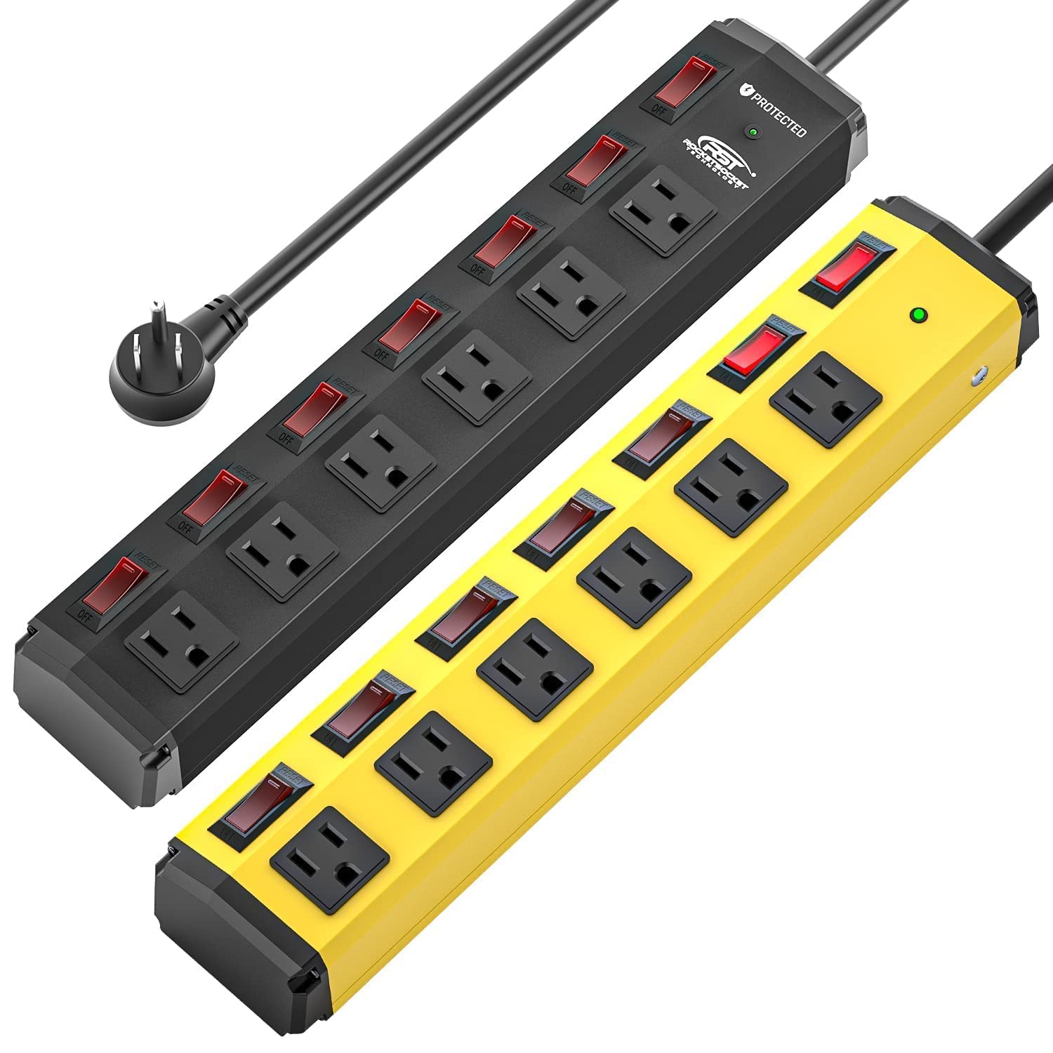 Power Strip with Individual Switches and Flat Plug, CRST 6-Outlet Metal Heavy Duty Surge Protector (1200 Joules), 6-Feet 14AWG Cord with Hook and Loop Fastener, 15A Circuit Breaker