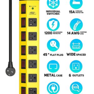 Power Strip with Individual Switches and Flat Plug, CRST 6-Outlet Metal Heavy Duty Surge Protector (1200 Joules), 6-Feet 14AWG Cord with Hook and Loop Fastener, 15A Circuit Breaker