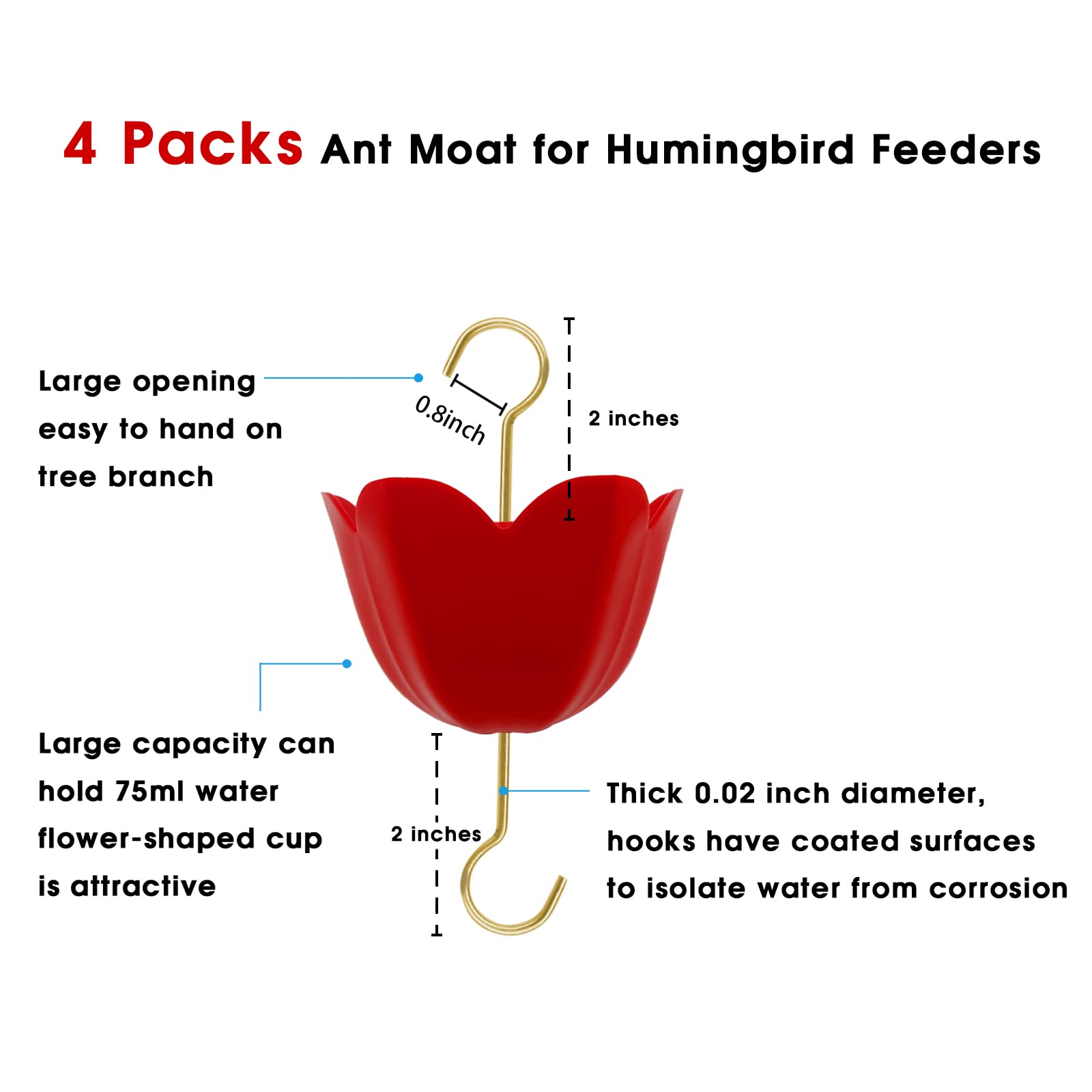 GESAIL Ant Moat for Hummingbird Feeders, Large Capacity Protect Nectar Metal Hooks Ant Guard 4 Brushes for Outdoor Patio Yard Hanging Feeders 4 Packs