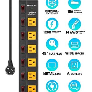 Power Strip with Individual Switches and Flat Plug, CRST 6-Outlet Metal Heavy Duty Surge Protector (1200 Joules), 6-Feet 14AWG Cord with Hook and Loop Fastener, 15A Circuit Breaker