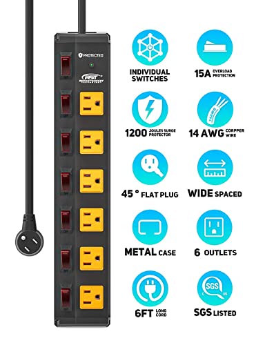 Power Strip with Individual Switches and Flat Plug, CRST 6-Outlet Metal Heavy Duty Surge Protector (1200 Joules), 6-Feet 14AWG Cord with Hook and Loop Fastener, 15A Circuit Breaker