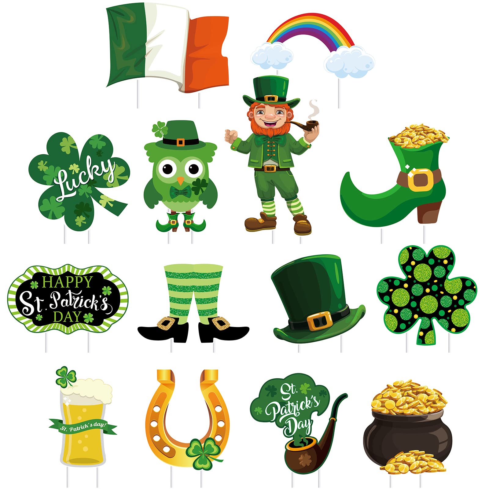 14 Pieces St. Patrick's Day Yard Sign Outdoor Garden Decorations Horseshoe Shamrock Leprechaun Yard Sign Irish Saint Patty's Day Lawn Outdoor Decor with Stakes