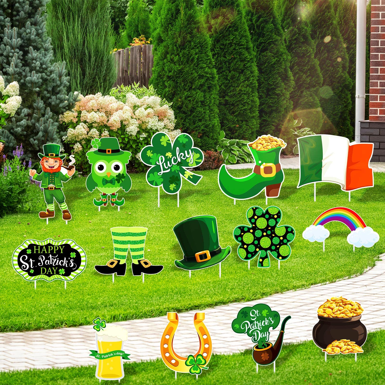 14 Pieces St. Patrick's Day Yard Sign Outdoor Garden Decorations Horseshoe Shamrock Leprechaun Yard Sign Irish Saint Patty's Day Lawn Outdoor Decor with Stakes