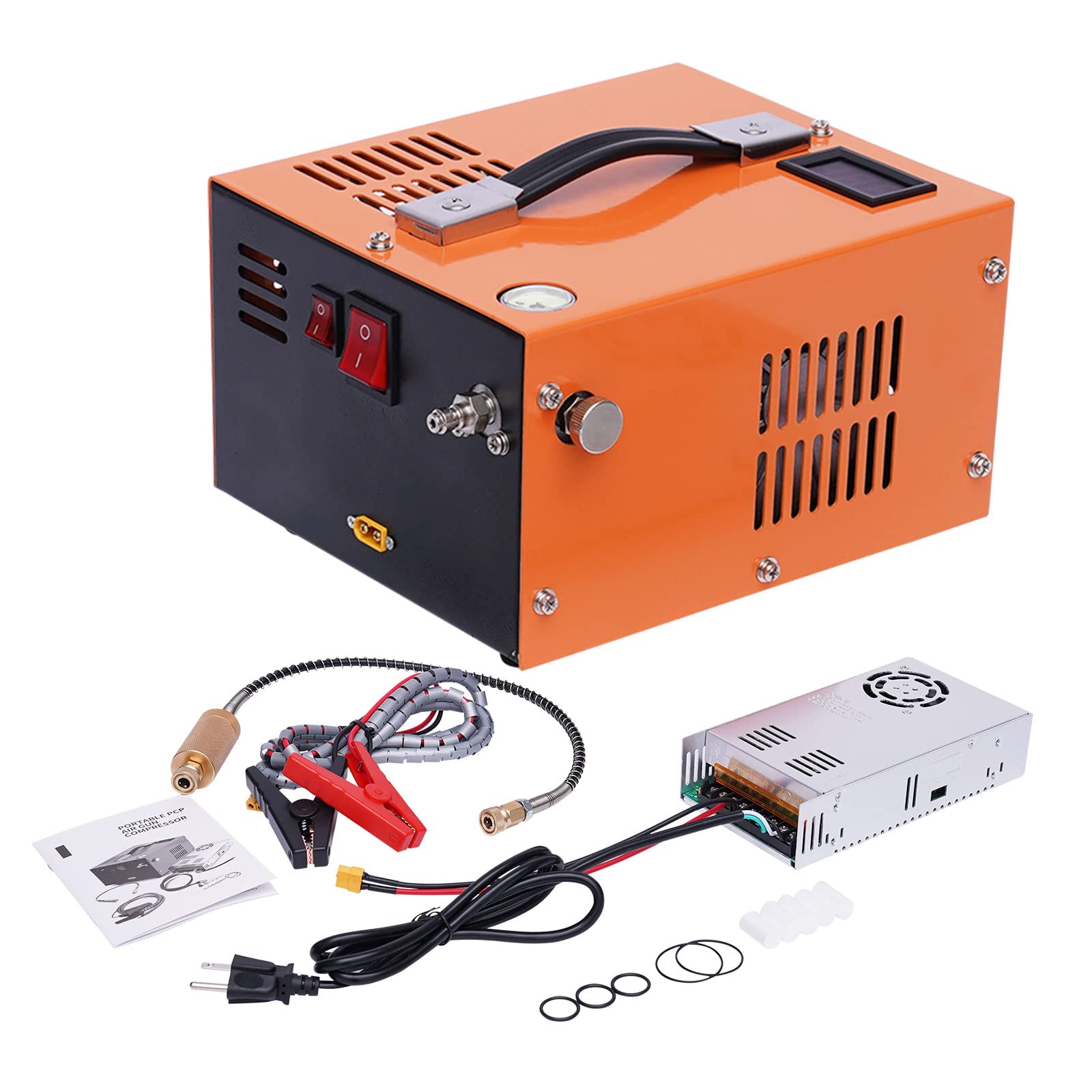 PCP Compressor,Air Gun High Pressure Pump Transformer 4500psi 12V High Pressure Air Compressor Built-in Transformer Portable High Pressure Pump Fan Cooling (Orange)