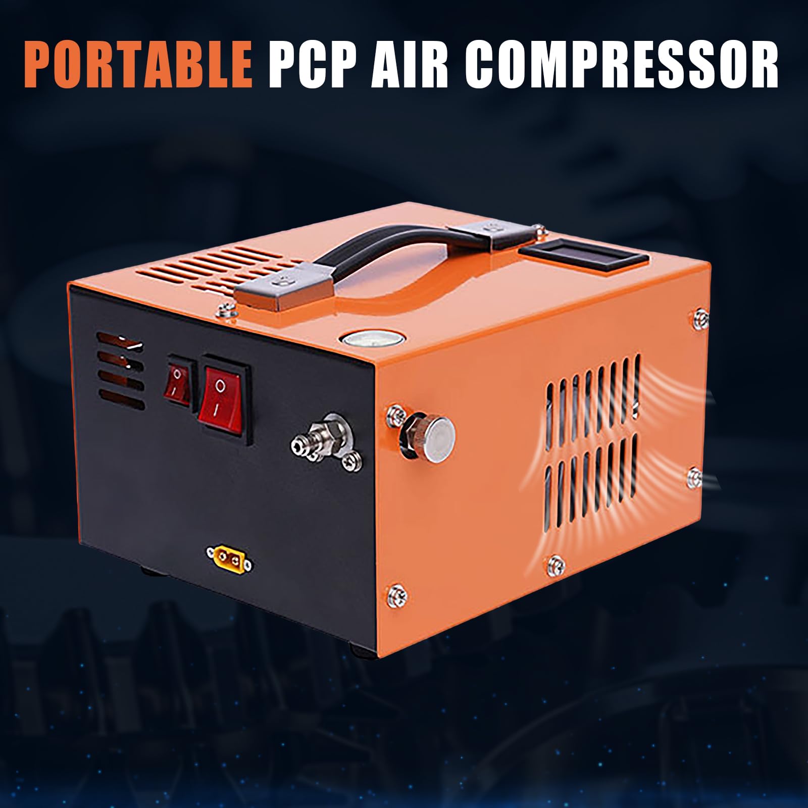 PCP Compressor,Air Gun High Pressure Pump Transformer 4500psi 12V High Pressure Air Compressor Built-in Transformer Portable High Pressure Pump Fan Cooling (Orange)