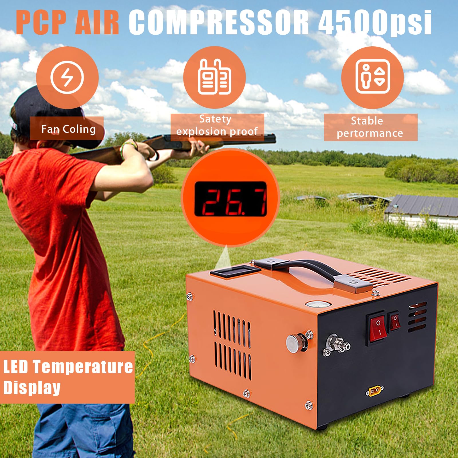 PCP Compressor,Air Gun High Pressure Pump Transformer 4500psi 12V High Pressure Air Compressor Built-in Transformer Portable High Pressure Pump Fan Cooling (Orange)