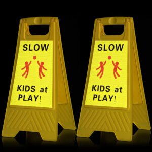 dreyoo 2 pack slow down kids at play sign, 24 inch reflective double sided slow children at play signs, caution kids playing safety signs for street neighborhood yard school park sidewalk and driveway