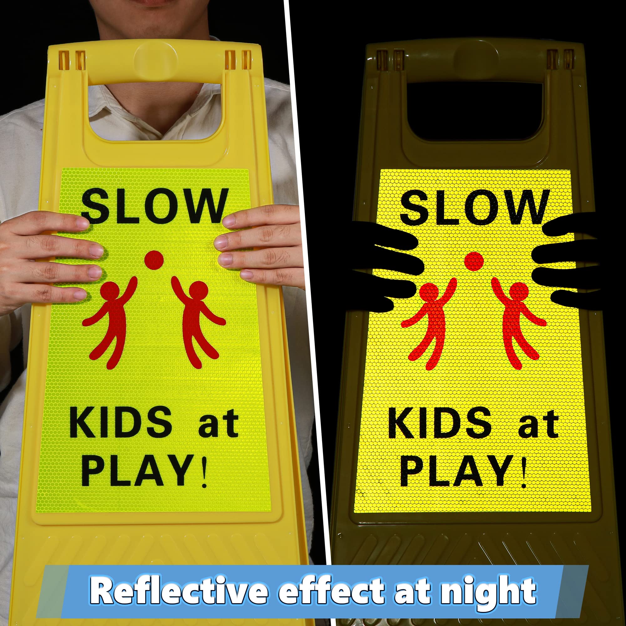 Dreyoo 2 Pack Slow Down Kids at Play Sign, 24 Inch Reflective Double Sided Slow Children at Play Signs, Caution Kids Playing Safety Signs for Street Neighborhood Yard School Park Sidewalk and Driveway