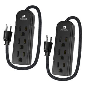 2pack small power strip black outlet - 1ft heavy duty power extension cord, mini size portable 3 outlet power strip for office,computer,home accessories,travel,etl listed (13a/125v/60hz/1625w)