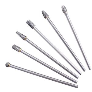 wflnhb carbide alloy rotary burr set - 6pcs 6mm 1/4 inch shank 150mm long fit rotary tool for woodworking, drilling, metal craving, engraving, polishing