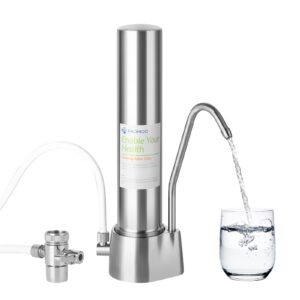 fachioo countertop water filter, nsf/ansi 42&53 certified,4-stage stainless steel faucet water filter for 8000 gallons, reduces heavy metals, bad odor and 99% chlorine(1 ceramic filter included)