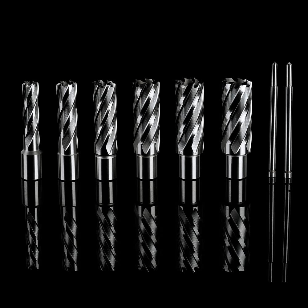 OSCARBIDE Annular Cutter Set 8 Pieces, 3/4"Weldon Shank,2"Cutting Depth,(9/16,11/16,13/16,15/16,1,1-1/16) inch Cutting Diameter,Mag Drill Bits for Magnetic Drill Press with 2pcs Pilot Pins