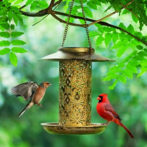 SWEETFULL Solar Bird Feeder for Outdoors Hanging, Metal Wild Bird Feeder for Cardinals Solar Garden Lantern with S Hook as Gift Ideas for Bird Lovers (2LBs Heavy Duty Weather Resistance birdfeeders)