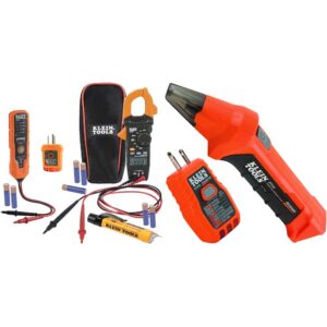 klein tools cl120vp electrical voltage test kit with clamp meter, three testers, test leads, pouch and batteries & et310 ac circuit breaker finder with integrated gfci outlet tester