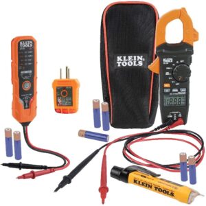 Klein Tools CL120VP Electrical Voltage Test Kit with Clamp Meter, Three Testers, Test Leads, Pouch and Batteries & ET310 AC Circuit Breaker Finder with Integrated GFCI Outlet Tester