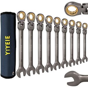 yiyeie 9 pc. flex-head ratcheting wrench set, sae 5/16, 11/32, 3/8, 7/16, 1/2, 9/16, 5/8, 11/16, 3/4 inch, 72 tooth, nickel plating, cr-v steel, flexible combination wrench set with swivel ratchet