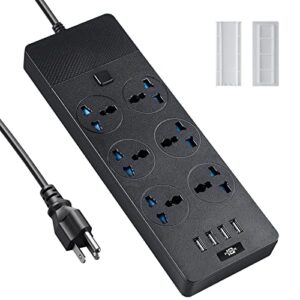 universal power strip, jumpso 6ft extension cord with multiple outlets, 110-240v, 3000w power strip with usb ports european travel plug adapter wall mount power strip for home office cruise, black