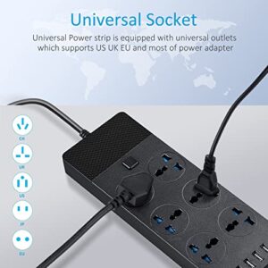 Universal Power Strip, Jumpso 6ft Extension Cord with Multiple Outlets, 110-240v, 3000w Power Strip with USB Ports European Travel Plug Adapter Wall Mount Power Strip for Home Office Cruise, Black