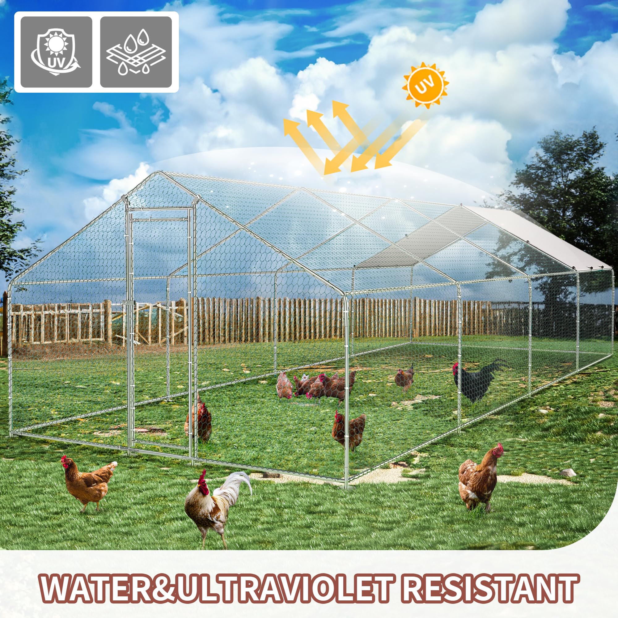 BESBLEE Galvanized Large Metal Chicken Coop Walkin Poultry Cage Hen Run House Rabbits Habitat Cage Spire Shaped Coops UV & Water Resistant Cover for Outdoor Backyard(13.1’L x 9.8’W x 6.5’H)