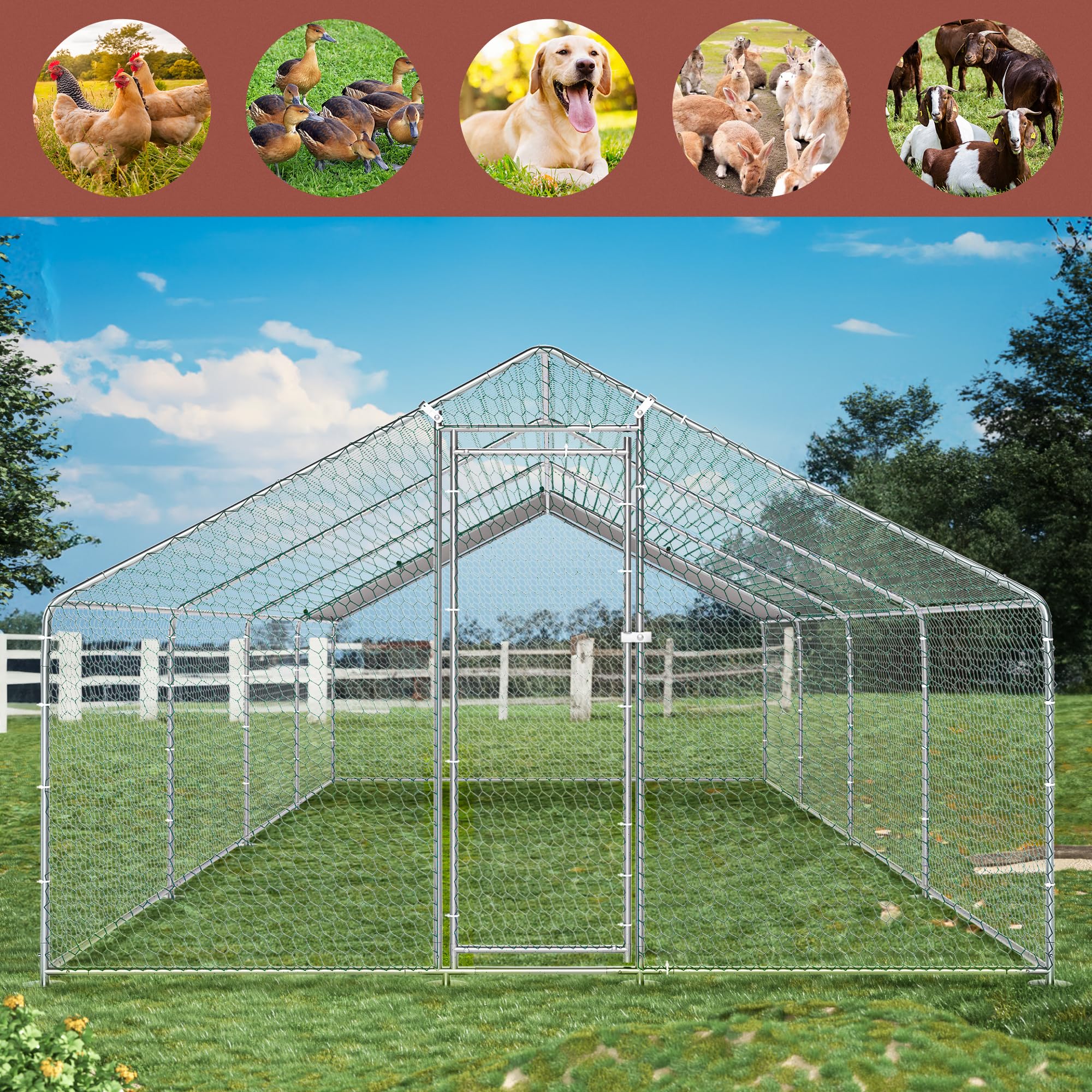 BESBLEE Galvanized Large Metal Chicken Coop Walkin Poultry Cage Hen Run House Rabbits Habitat Cage Spire Shaped Coops UV & Water Resistant Cover for Outdoor Backyard(13.1’L x 9.8’W x 6.5’H)