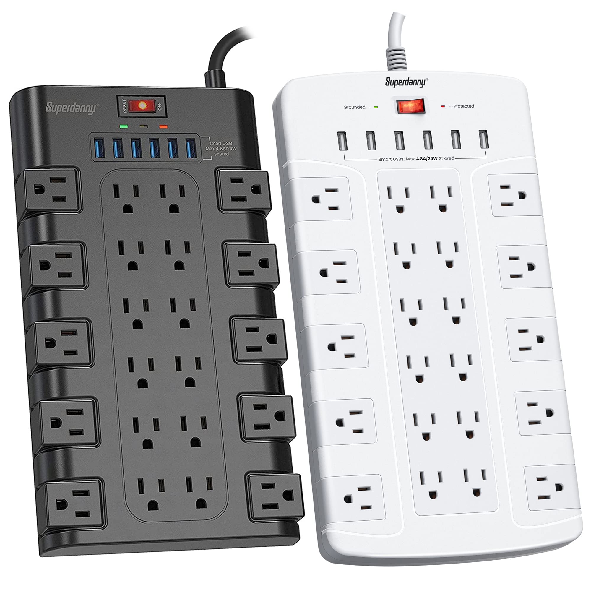 Power Strip, SUPERDANNY Surge Protector with 22 AC Outlets and 6 USB Charging Ports+ 【6.5Ft & 22 Outlets & 6 USB Ports】 1050J Surge Protector Power Strip SUPERDANNY Flat Plug Extension Cord