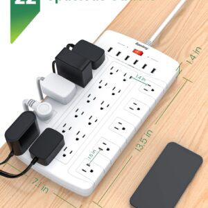 Power Strip, SUPERDANNY Surge Protector with 22 AC Outlets and 6 USB Charging Ports+ 【6.5Ft & 22 Outlets & 6 USB Ports】 1050J Surge Protector Power Strip SUPERDANNY Flat Plug Extension Cord