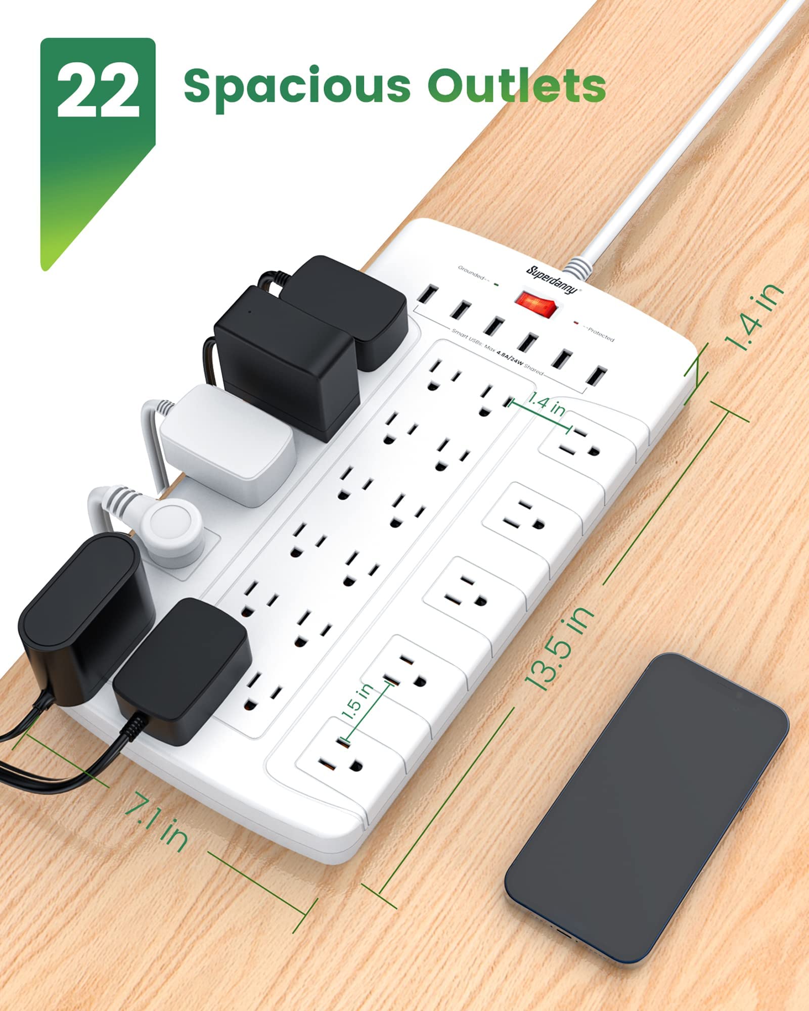 Power Strip, SUPERDANNY Surge Protector with 22 AC Outlets and 6 USB Charging Ports+ 【6.5Ft & 22 Outlets & 6 USB Ports】 1050J Surge Protector Power Strip SUPERDANNY Flat Plug Extension Cord