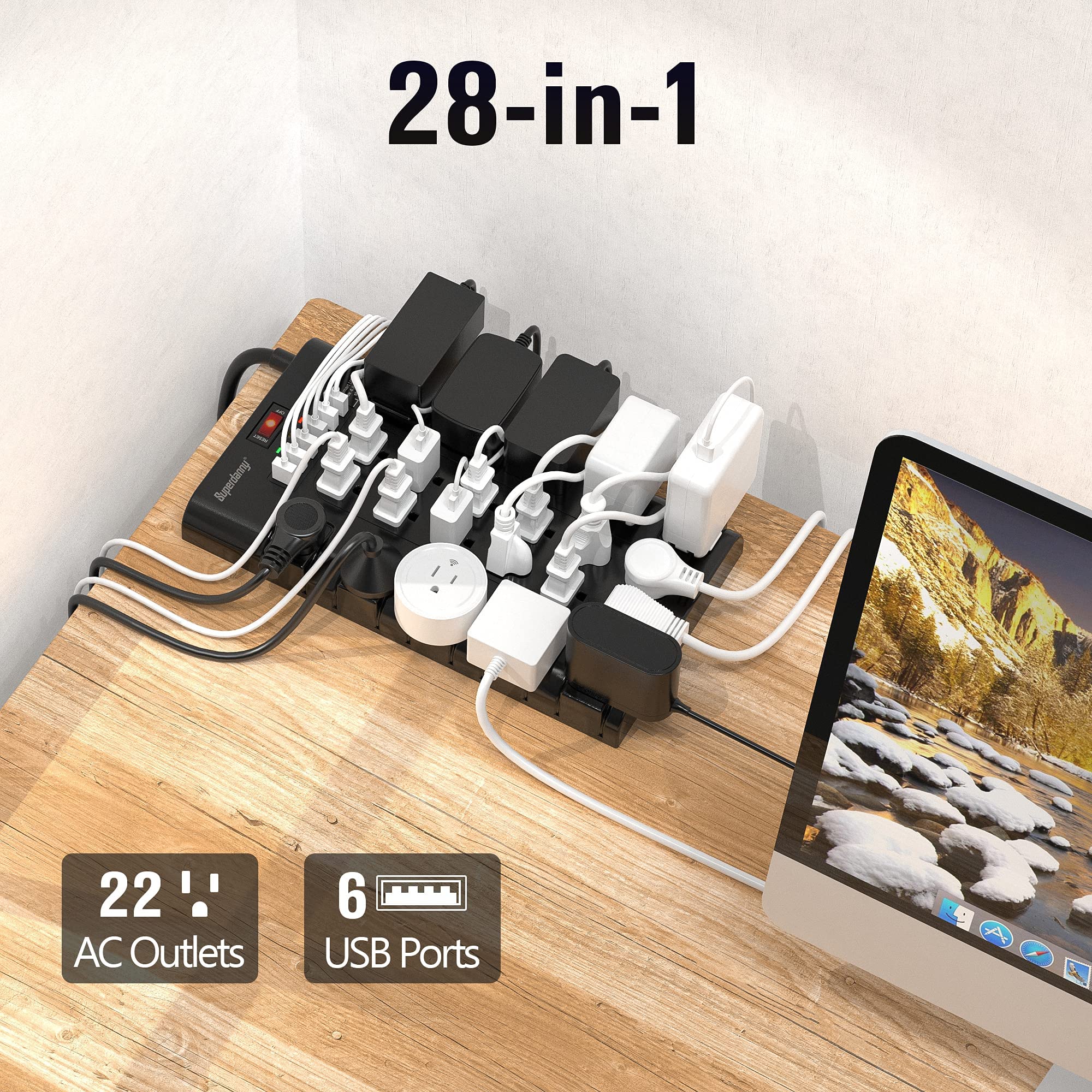 Power Strip, SUPERDANNY Surge Protector with 22 AC Outlets and 6 USB Charging Ports+ 【6.5Ft & 22 Outlets & 6 USB Ports】 1050J Surge Protector Power Strip SUPERDANNY Flat Plug Extension Cord