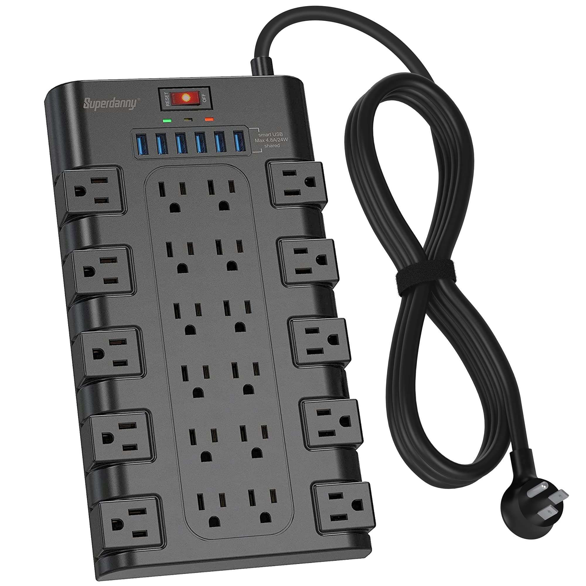 Power Strip, SUPERDANNY Surge Protector with 22 AC Outlets and 6 USB Charging Ports+ 【6.5Ft & 22 Outlets & 6 USB Ports】 1050J Surge Protector Power Strip SUPERDANNY Flat Plug Extension Cord