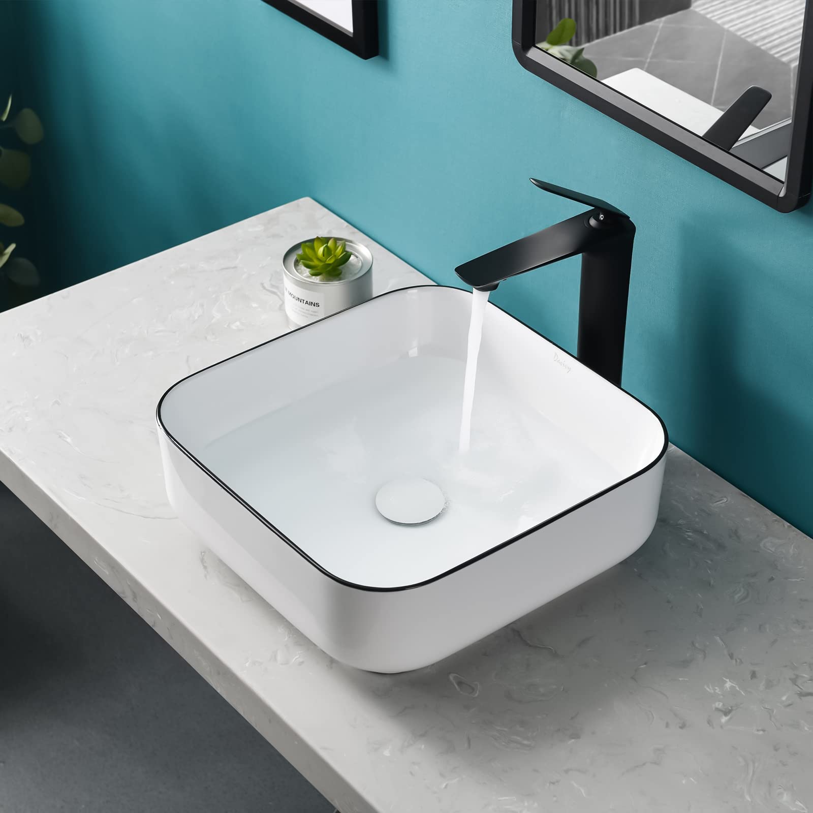 Tysun Vessel Sink Square, 15'' x 15'' Modern Bathroom Square Above Counter White Porcelain Ceramic Vessel Vanity Sink Art Basin