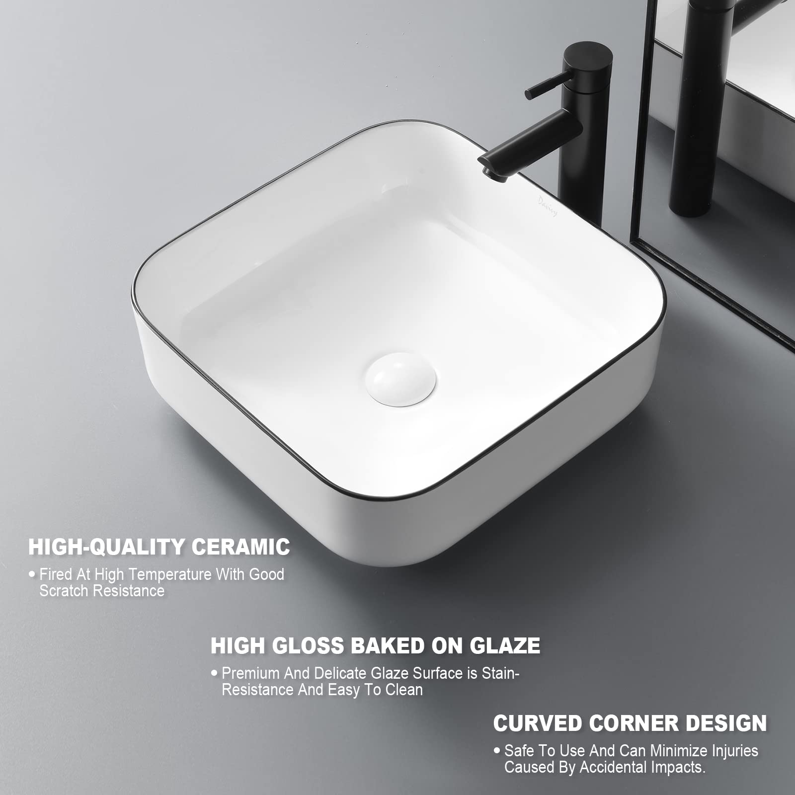 Tysun Vessel Sink Square, 15'' x 15'' Modern Bathroom Square Above Counter White Porcelain Ceramic Vessel Vanity Sink Art Basin