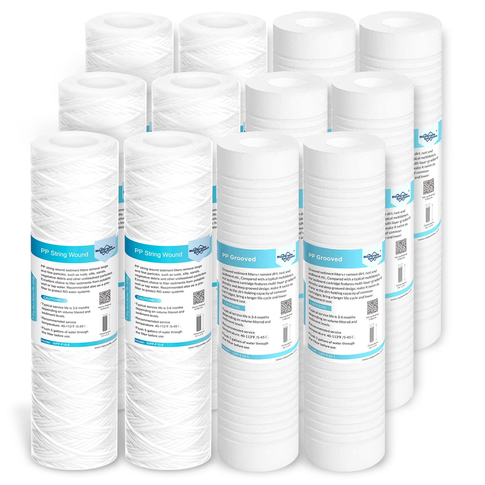 Membrane Solutions 5 Micron String Wound & 5 Micron Grooved Sediment Water Filter 10 Inch Inchx2.5 Inch Inch, Whole House Water Filters Universal Replacement Filter Cartridge for Well Water by Membrane Solutions