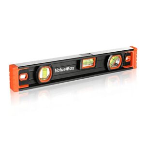 valuemax 16-inch torpedo level, magnetic leveler tool with 3 high-visibility bubbles 45°/90°/180°, overhead viewing window, rubber endcaps, aluminium body, bubble level for home outdoor measurements